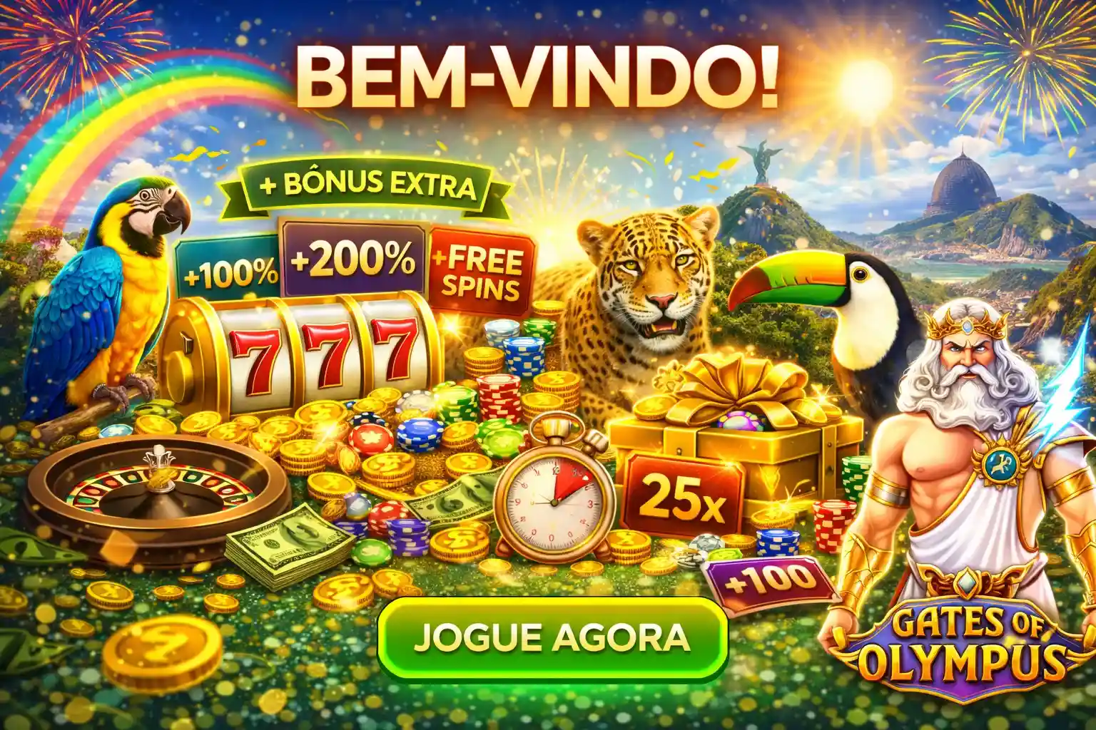 Banner vibrante de boas-vindas com tucano, onça e Zeus do jogo Gates of Olympus