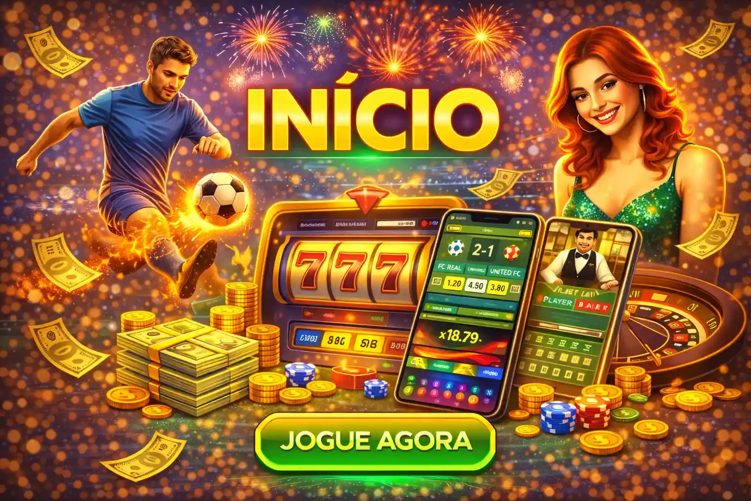 Jogador de futebol e mulher sorridente ao lado de slot machine e aplicativo de apostas