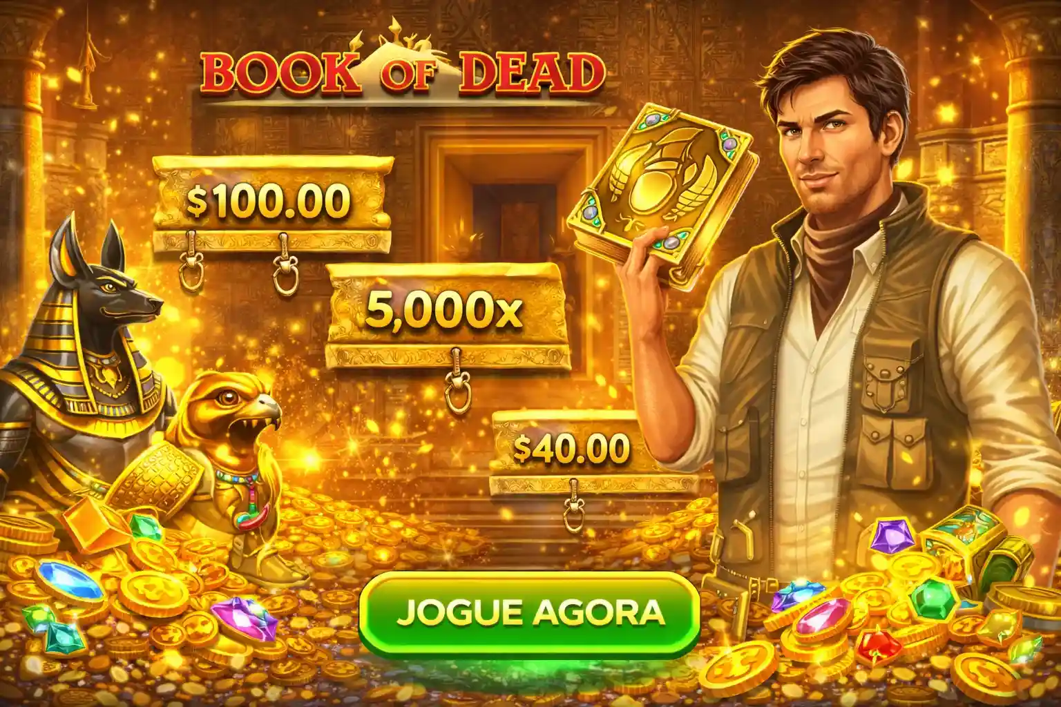 Personagem Rich Wilde segurando o livro dourado no jogo de slot egípcio Book of Dead